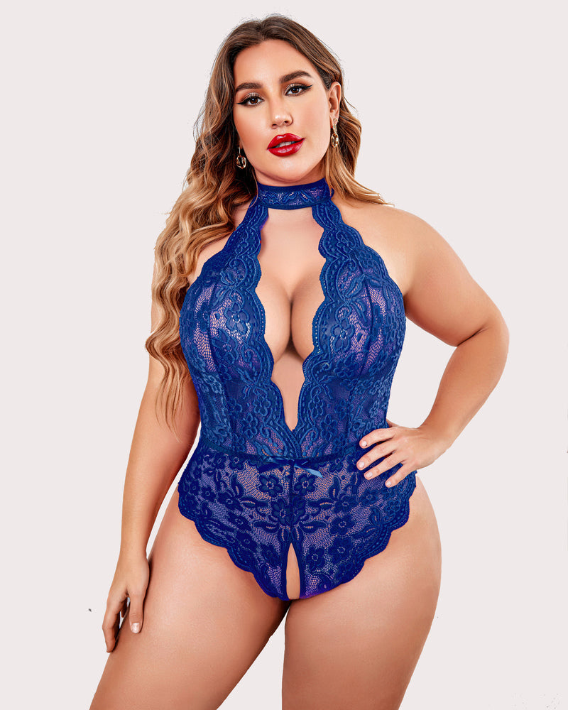 Plus size blue lace bodysuit with halter neck and crotchless design. Sensual lingerie for women.