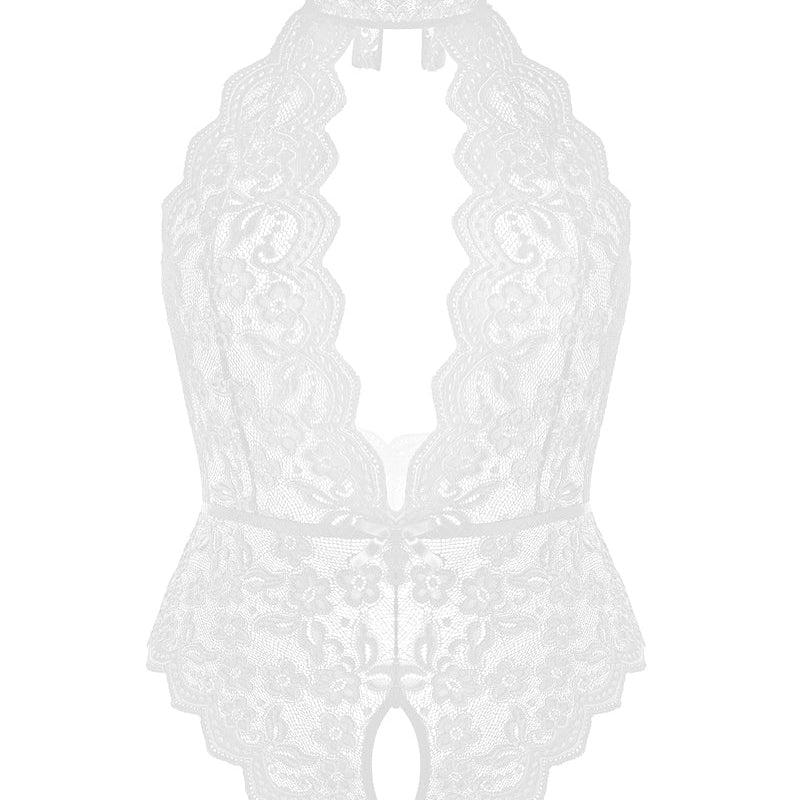 White lace plus size bodysuit with halter neck and crotchless design, perfect sensual lingerie