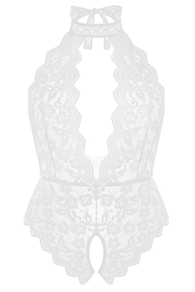 Plus size white lace halter teddy with open back and crotchless. Sexy and comfortable design.