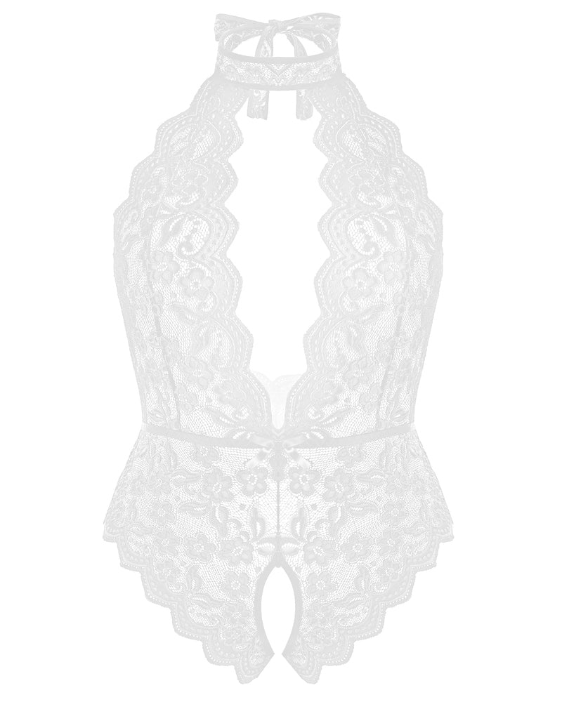 Plus size white lace halter teddy with open back and crotchless. Sexy and comfortable design.