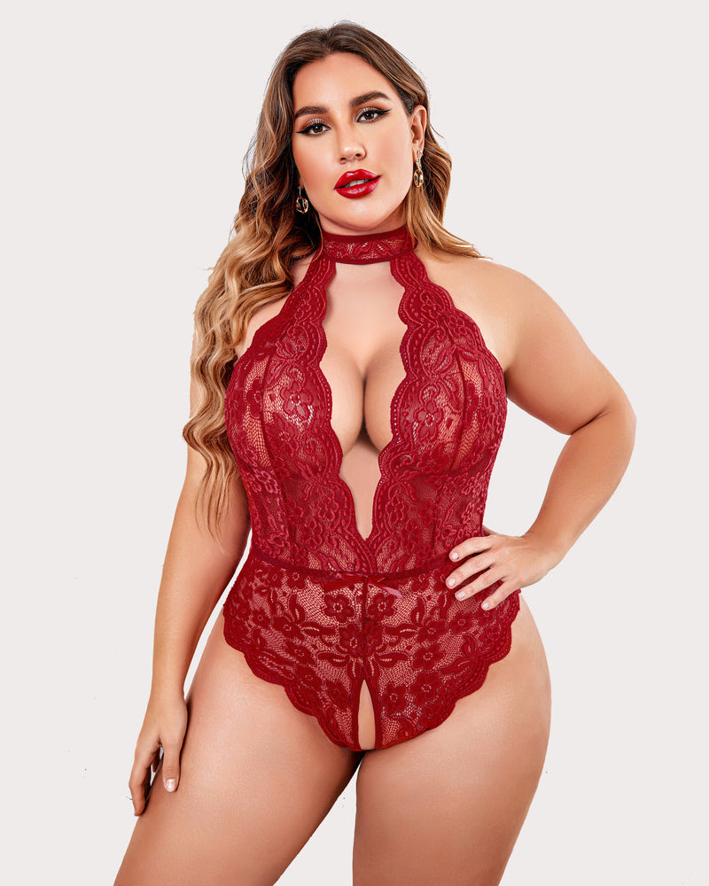 Plus Size Red Lace Halter Teddy Bodysuit, Backless & Crotchless
