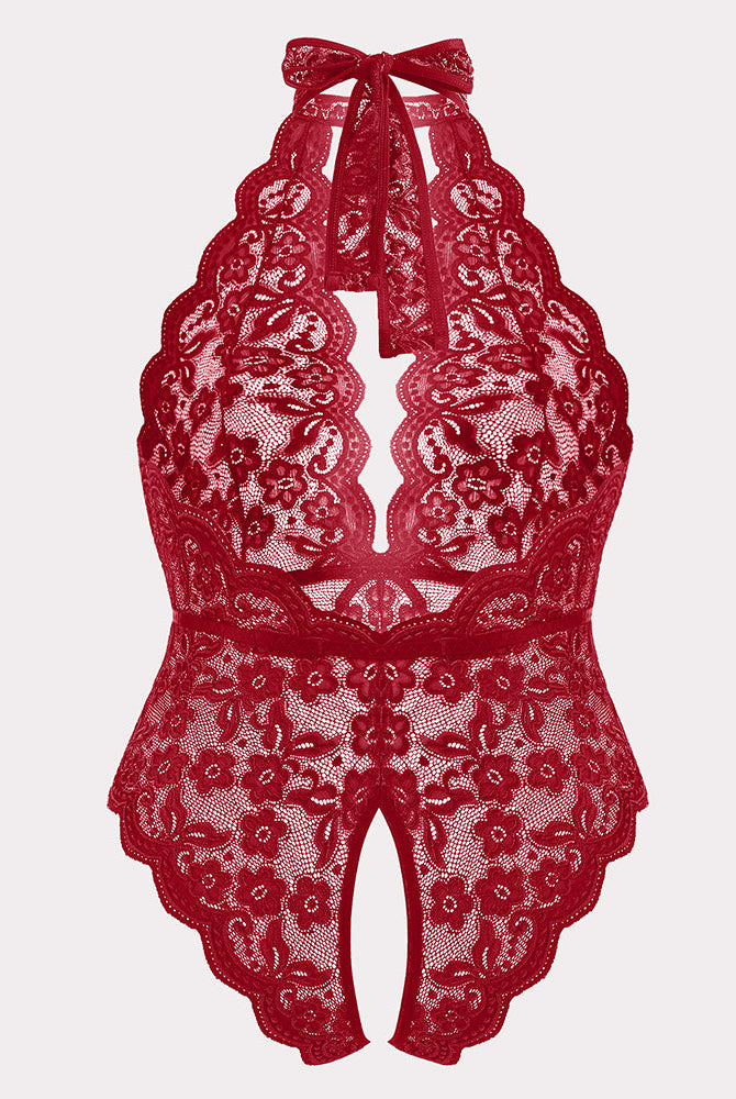 Plus Size Red Lace Halter Teddy Bodysuit, Backless & Crotchless Design. Sexy Lingerie