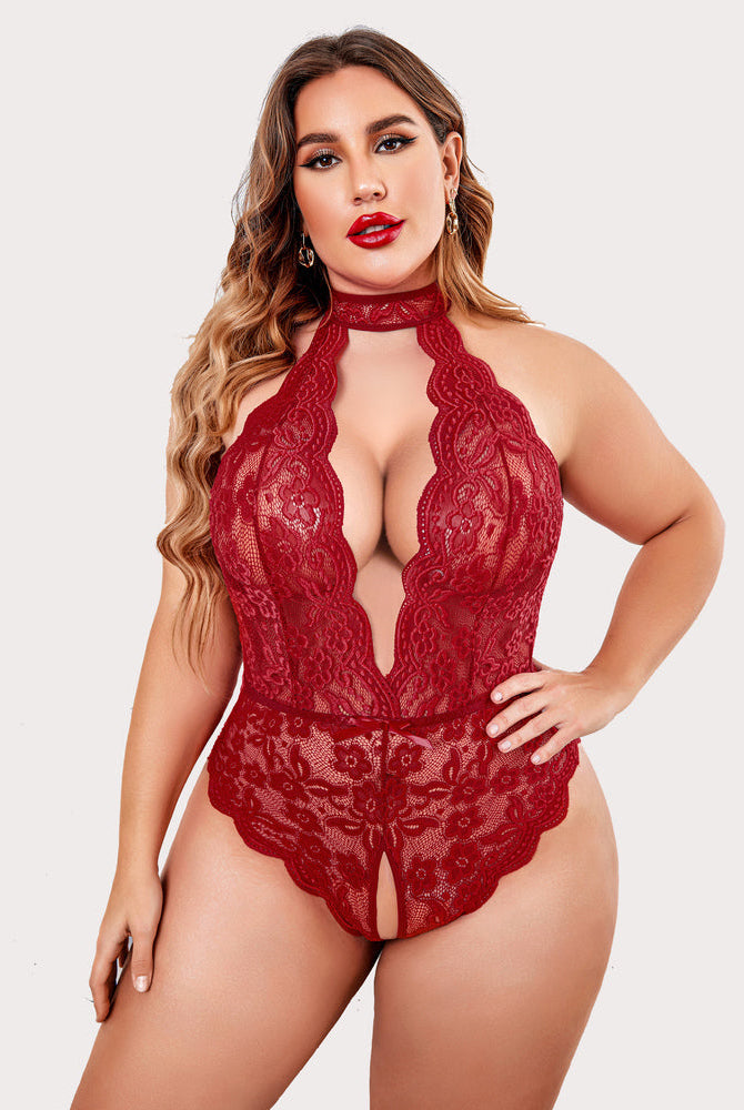 Plus Size Red Lace Bodysuit with Halter Neck and Open Crotch. Sensual lingerie.