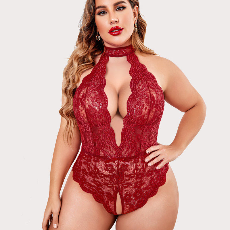 Plus Size Red Lace Bodysuit with Halter Neck and Open Crotch. Sensual lingerie.