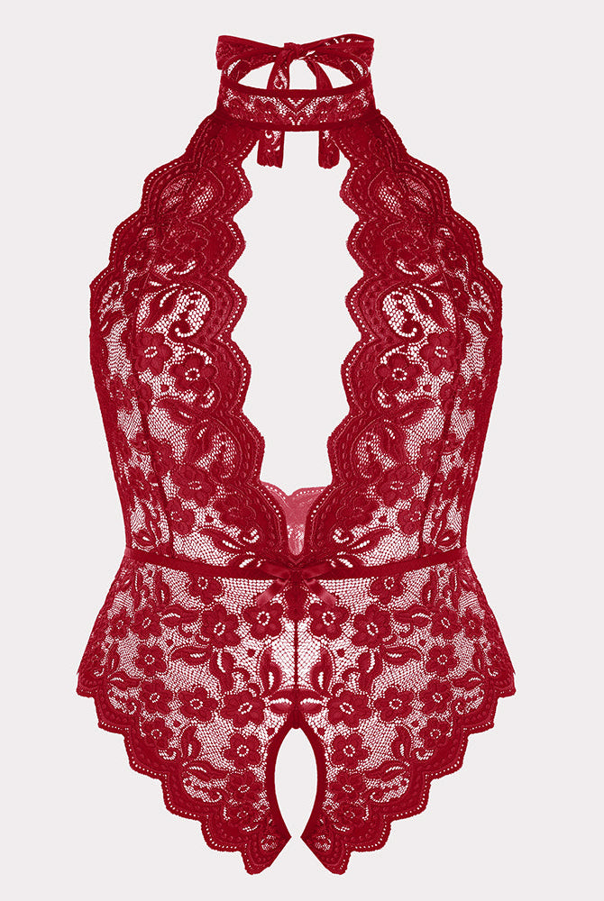 Red lace plus size halter teddy bodysuit featuring backless and crotchless design