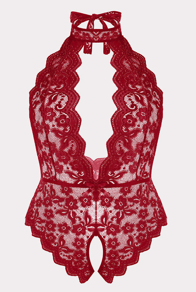 Plus Size Red Lace Bodysuit with Halter Neck and Open Crotch. Floral lace design, backless lingerie