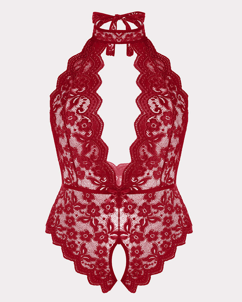 Plus Size Red Lace Bodysuit with Halter Neck and Open Crotch. Floral lace design, backless lingerie