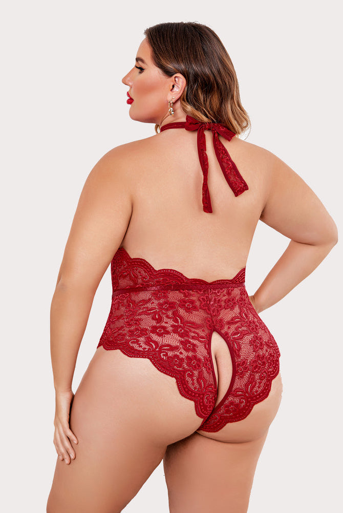 Red lace plus size bodysuit, halter neck, backless design, open crotch. Sensual lingerie.
