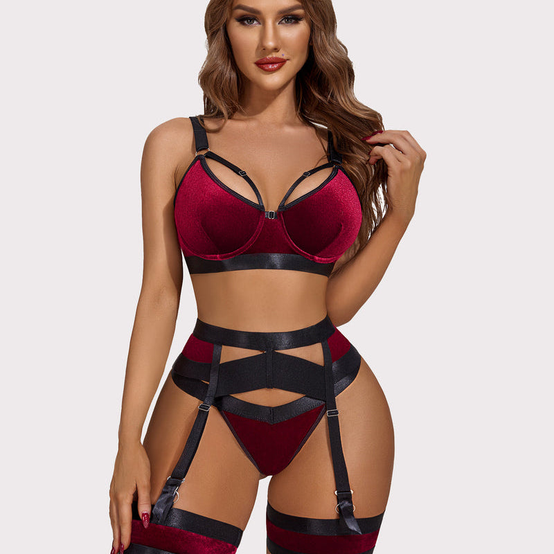 Burgundy velvet Avidlove lingerie set with garter belts; enhancing curves and confidence.