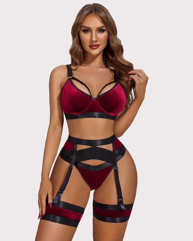 Red velvet push-up lingerie set with garter belt. Enhancing femininity and showing curves