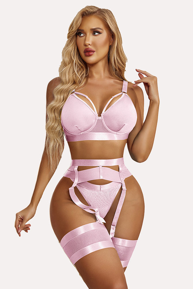 Avidlove pink lingerie set with garter: push-up bra, garter and thigh highs. Enhancing curves.