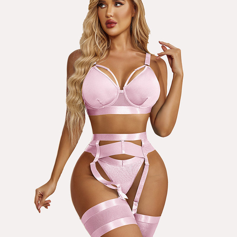 Avidlove pink lingerie set with garter: push-up bra, garter and thigh highs. Enhancing curves.