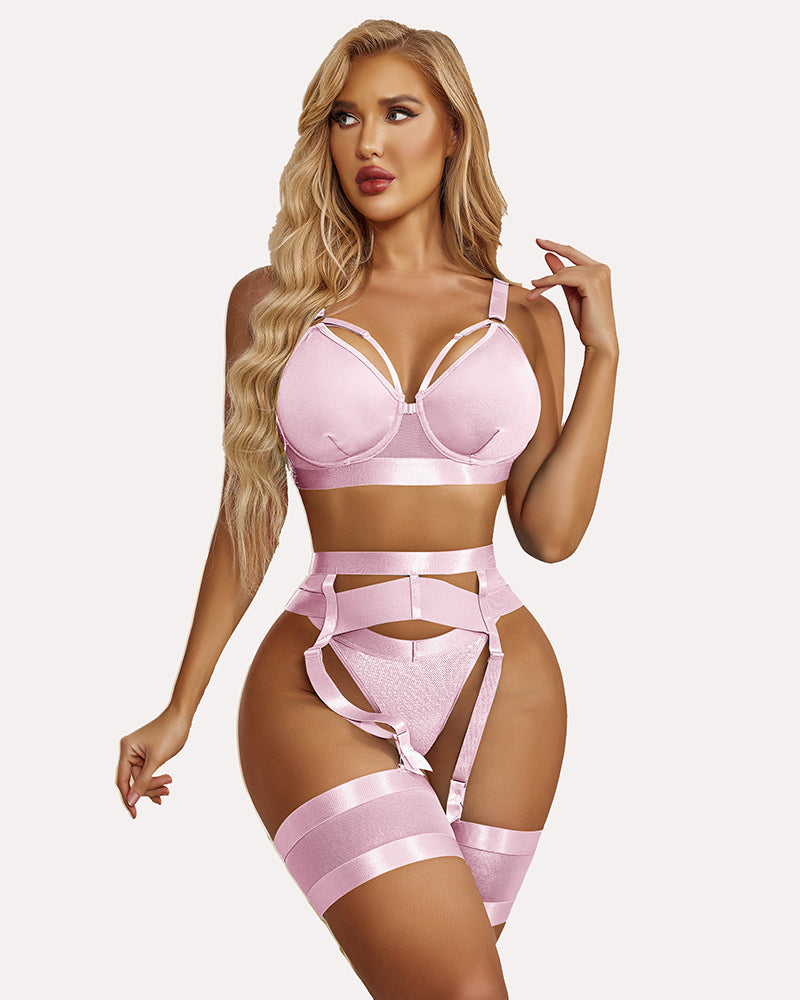 Avidlove pink lingerie set with garter: push-up bra, garter and thigh highs. Enhancing curves.