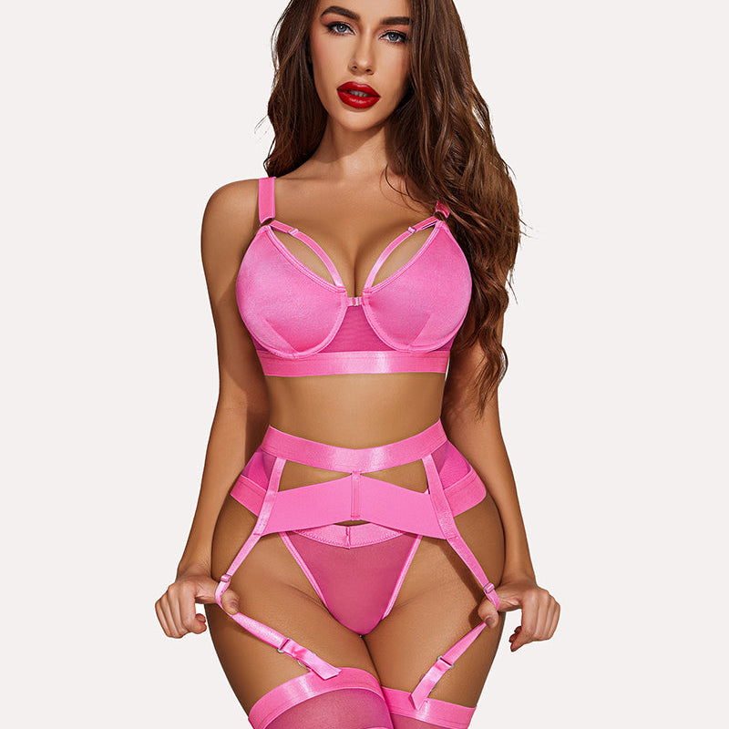 Avidlove pink push-up lingerie set: Bra, garter and thigh highs, enhancing curves and confidence.