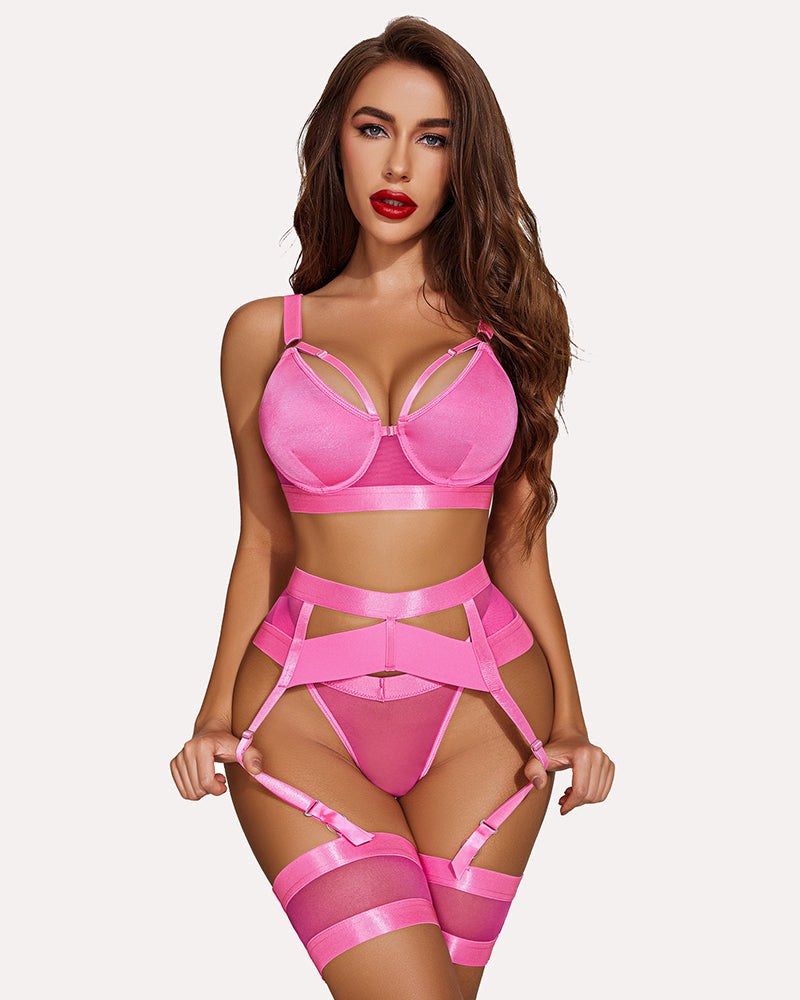 Pink Avidlove lingerie set with garter belt and thigh garters for a sensual, feminine look