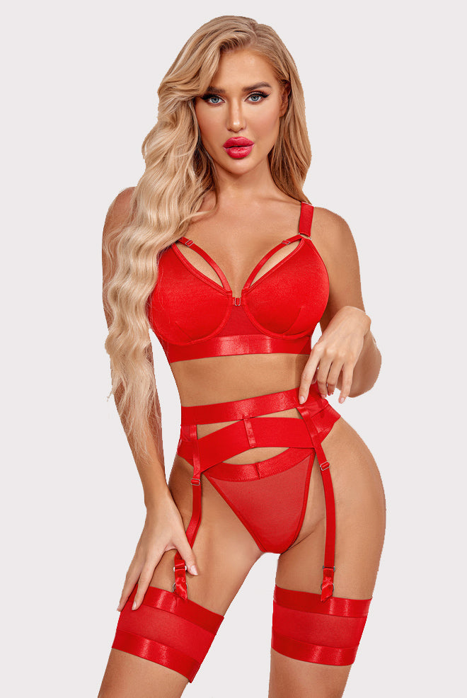 Avidlove red lingerie set: Push-up bra, garter, panty, thigh highs. Designed to enhance curves.