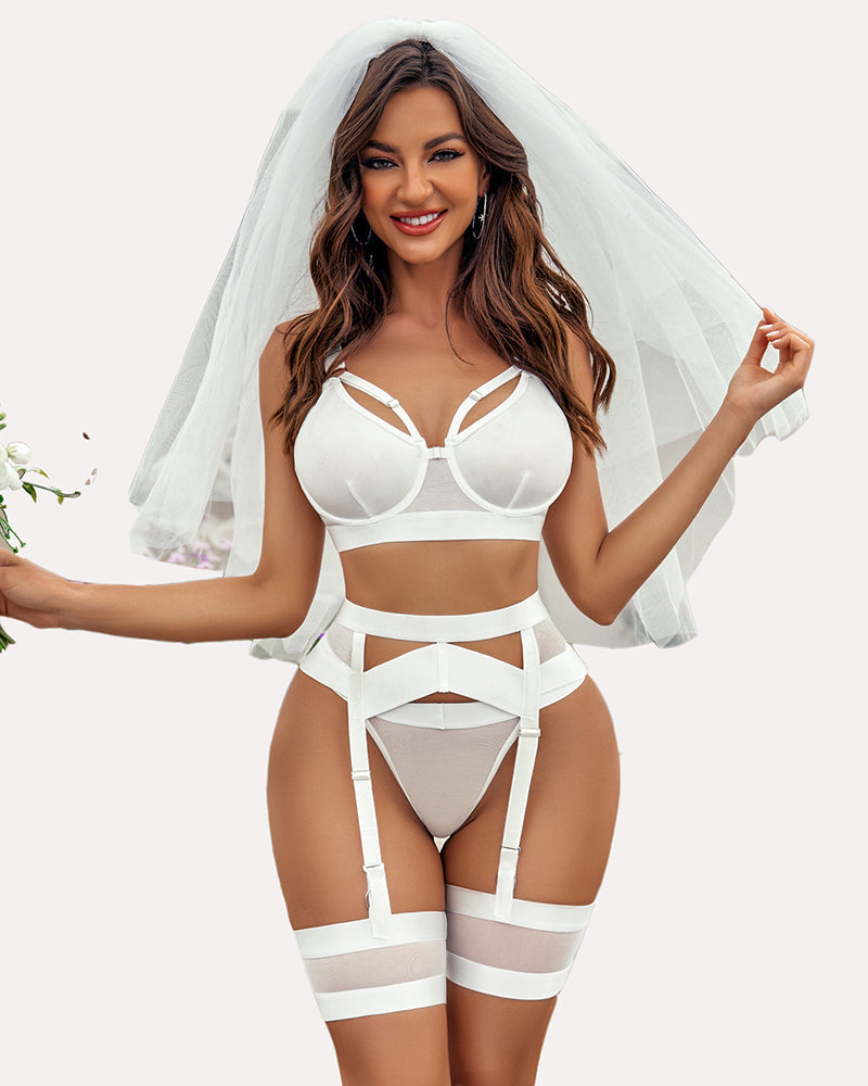 White Avidlove lingerie set with garter belt and veil. Enhancing curves and confidence for brides.