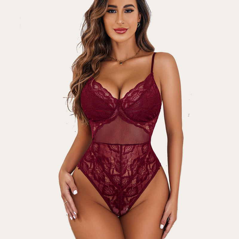 Burgundy lace bodysuit teddy with underwire cups and sheer mesh center