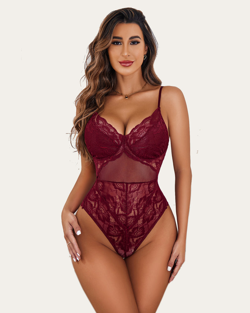Burgundy lace snap-crotch bodysuit featuring adjustable straps and floral lace detail