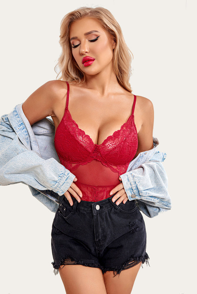 Red lace bodysuit teddy with underwire cups, sheer mesh and snap crotch