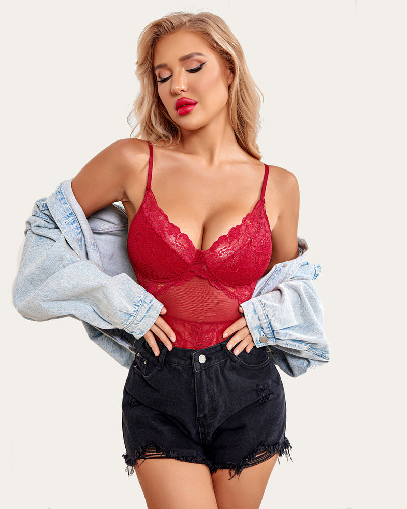 Red lace bodysuit with snap crotch, adjustable straps, and floral lace detail