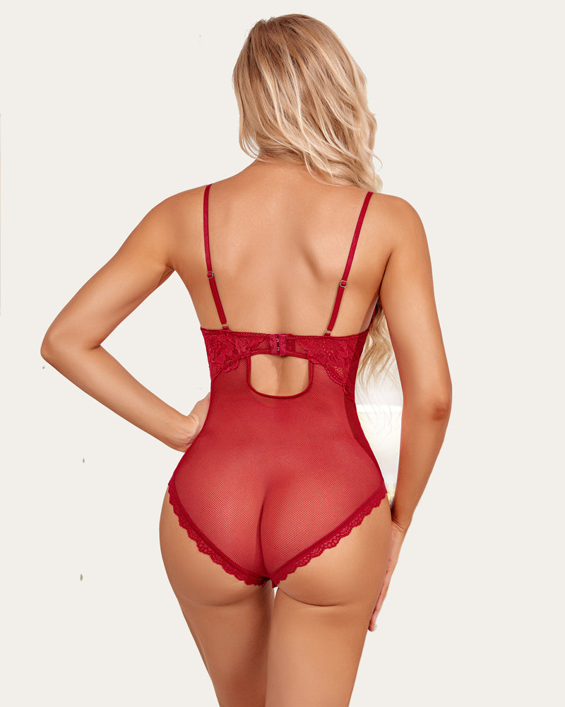 Red lace bodysuit with adjustable straps, floral lace detail and keyhole back, for special nights.