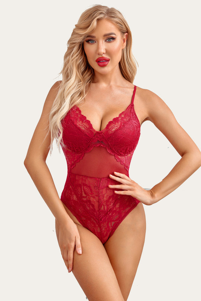 Red lace bodysuit teddy with underwire cups and sheer mesh center