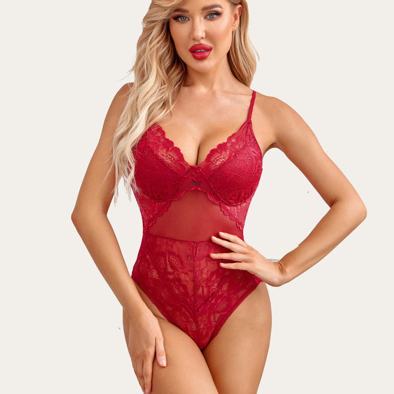 Red lace bodysuit teddy with underwire cups and sheer mesh center