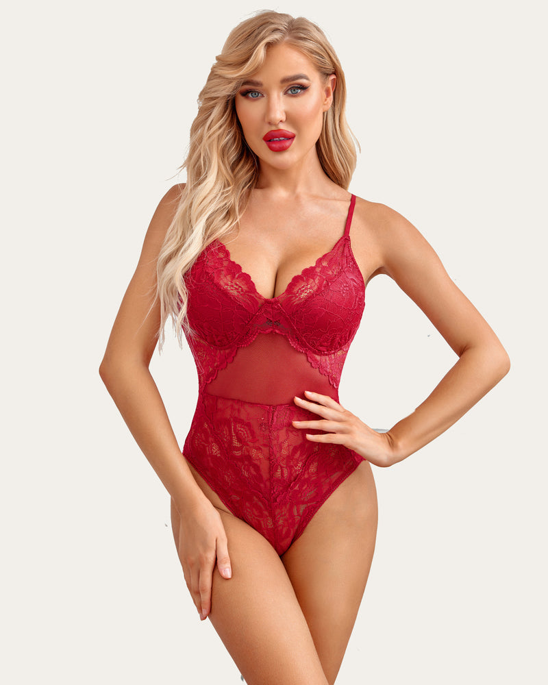 Red lace snap crotch bodysuit lingerie for women, featuring adjustable straps and floral lace detail