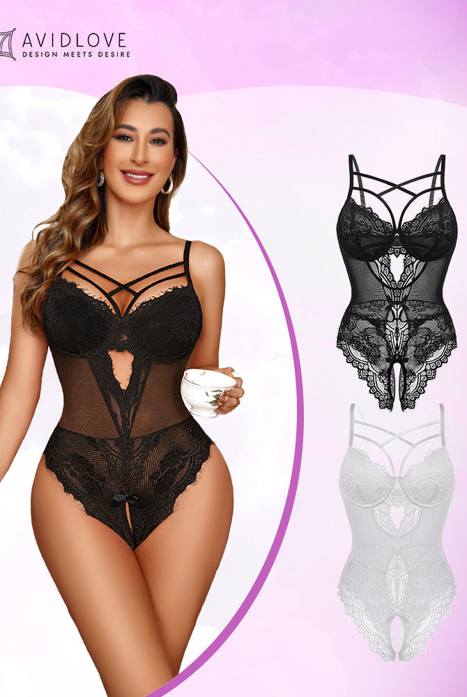 Avidlove black floral lace bodysuit. Sexy lace lingerie. Model wearing the harness bodysuit.