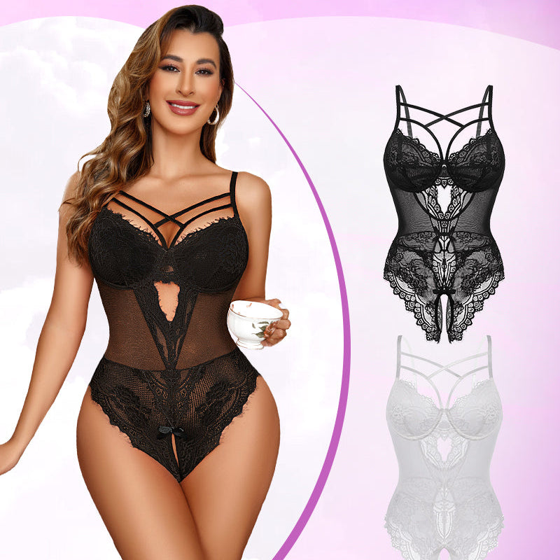 Avidlove black floral lace bodysuit. Sexy lace lingerie. Model wearing the harness bodysuit.