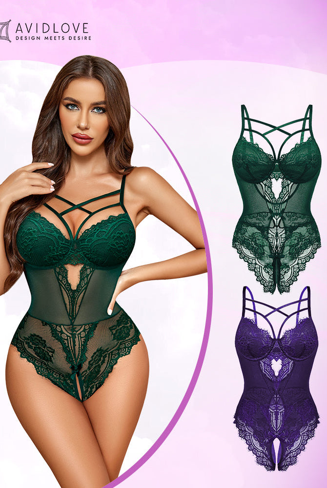 Avidlove floral lace harness bodysuit, sexy lingerie with cut-out and open crotch details.