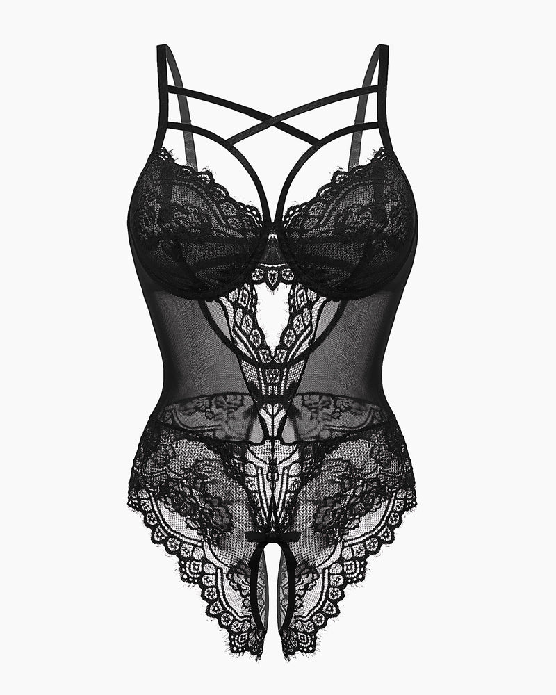 Black floral lace harness bodysuit with cut-out and open crotch details. Sexy lingerie