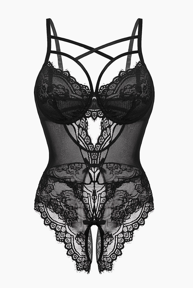 Black lace criss-cross bodysuit, open crotch design, adjustable straps, sexy lingerie gift
