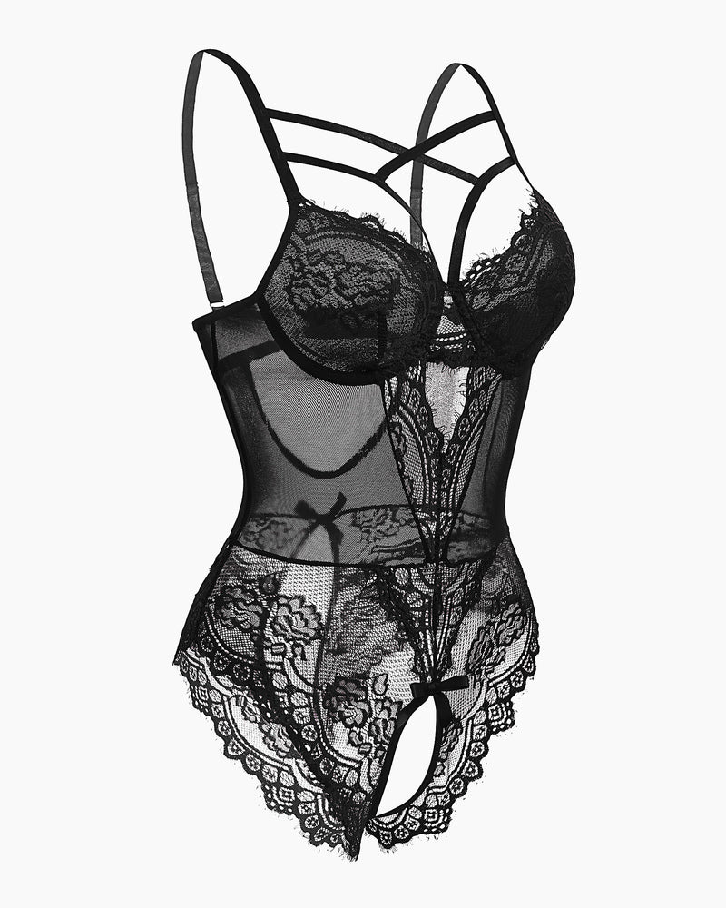 Black lace bodysuit with floral lace, cut-out and criss-cross straps, sexy lingerie