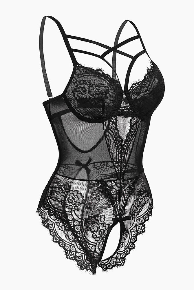 Black lace criss-cross bodysuit with open crotch, adjustable straps, sexy lingerie gift.
