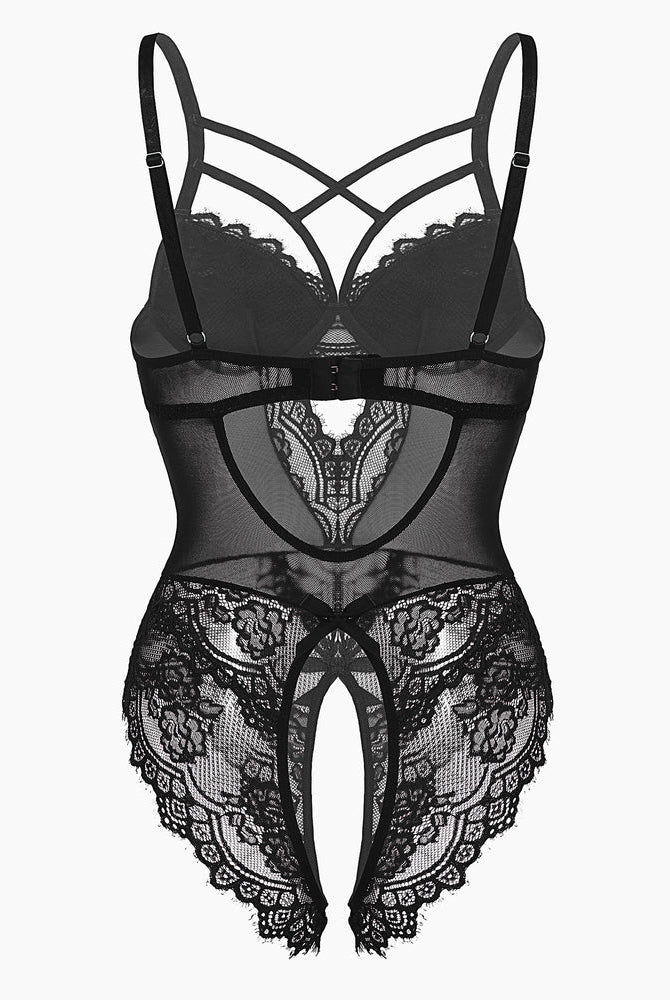 Black floral lace harness bodysuit with cut-out and open crotch details, sexy lingerie for women