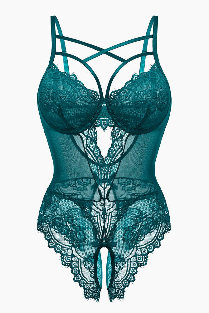 Teal floral lace harness bodysuit with open crotch, criss-cross straps, sexy lingerie by Avidlove