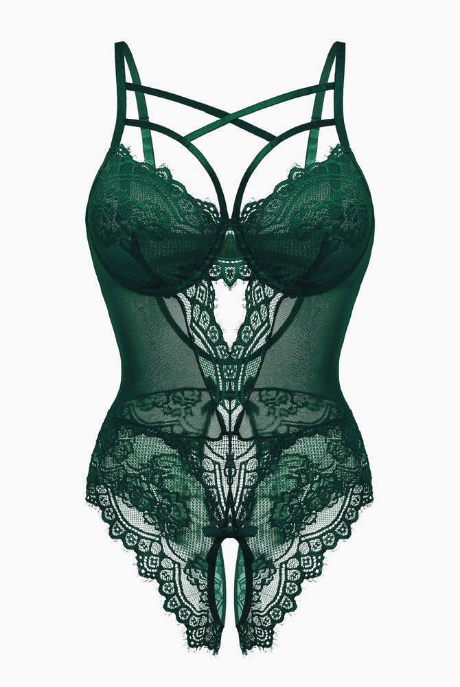 Green floral lace harness bodysuit with cut-out and open crotch details, sexy lingerie by Avidlove