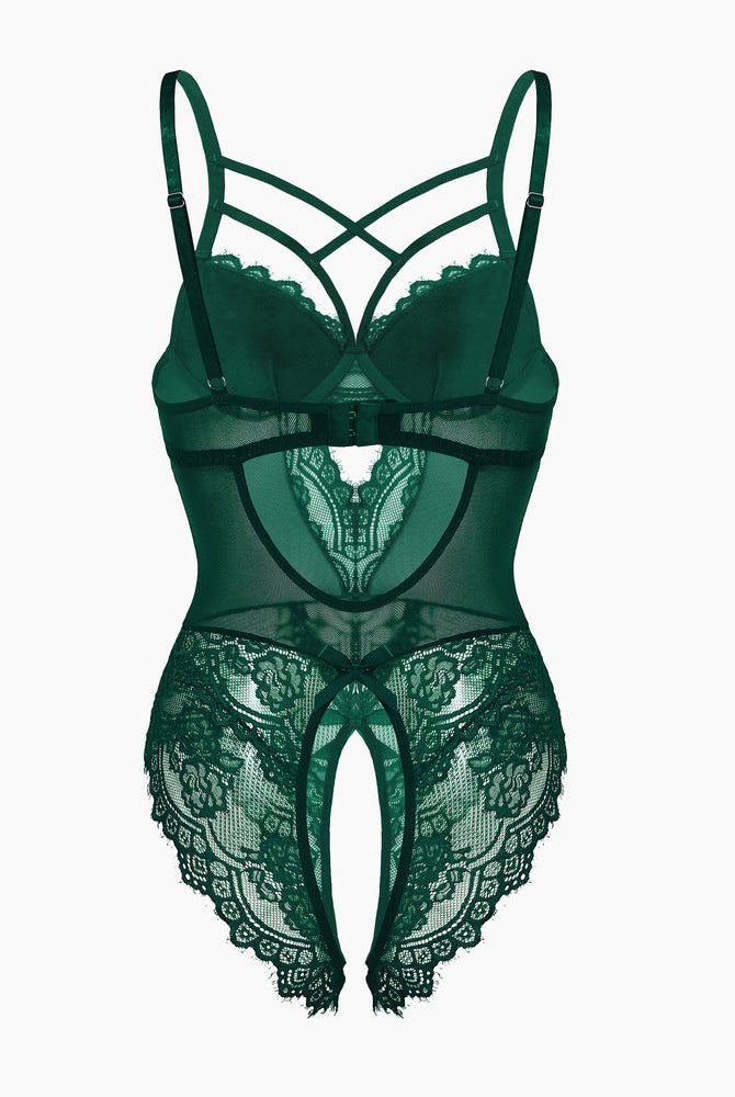 Emerald green lace criss-cross bodysuit, open crotch, adjustable straps, sexy lingerie gift