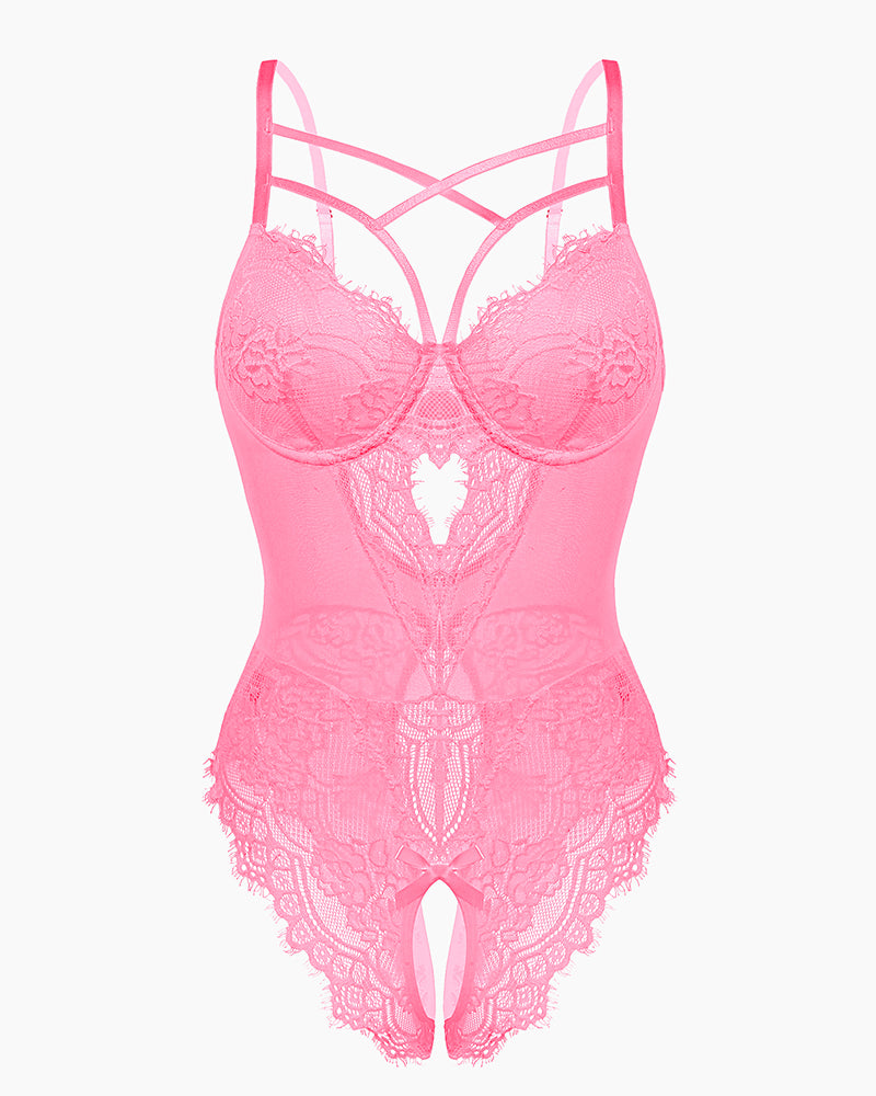Pink lace harness bodysuit with cut-out and criss-cross detail. Sensual lingerie design by Avidlove.