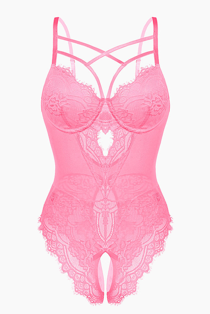Pink floral lace harness bodysuit with criss-cross straps, open crotch, and underwire for confidence