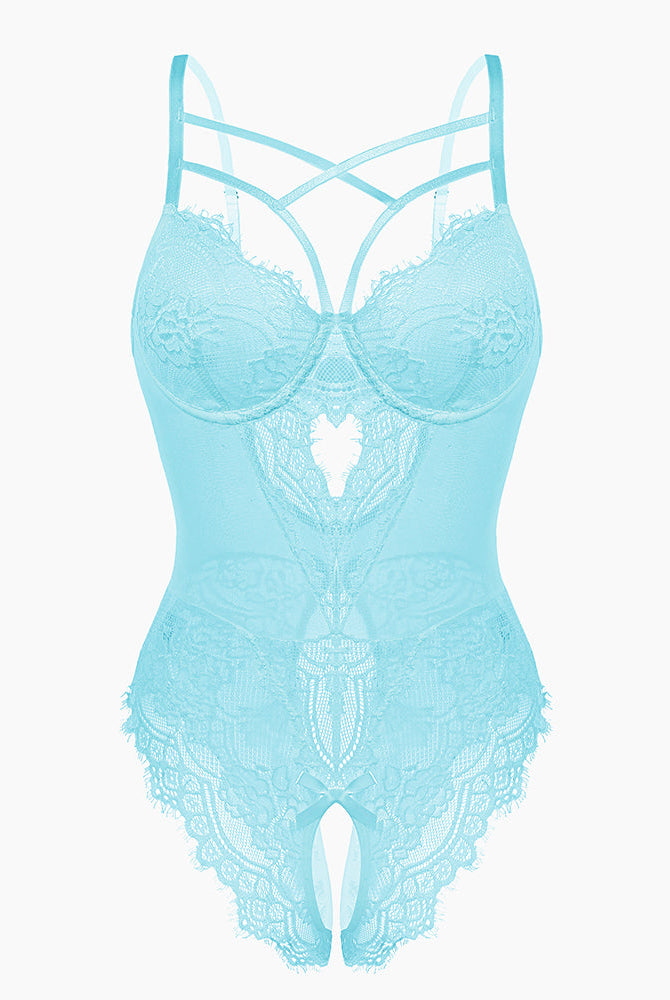 Teal lace harness bodysuit, cut-out and criss-cross detail. Sensual lingerie design for confidence.