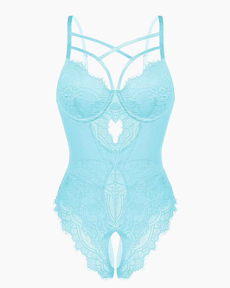 Teal lace harness bodysuit, cut-out and criss-cross detail. Sensual lingerie design for confidence.