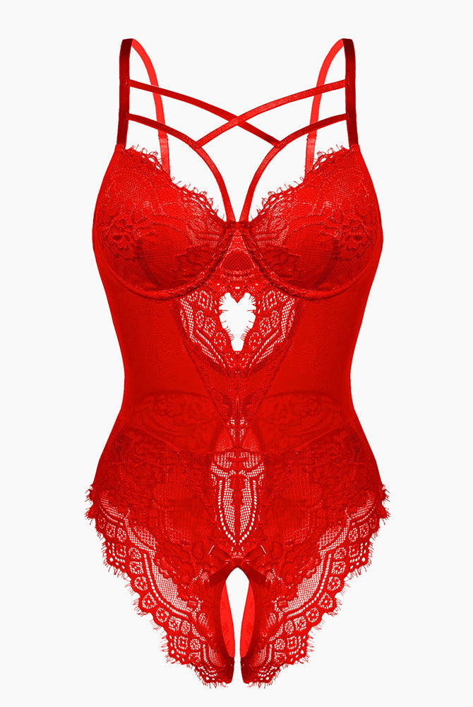 Red floral lace harness bodysuit, criss-cross straps, open crotch, sexy lingerie