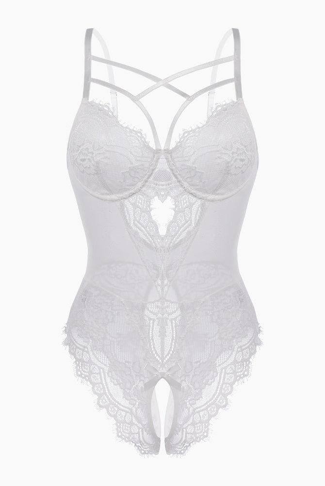 White floral lace harness bodysuit with criss-cross straps and cut-out details, sexy lingerie
