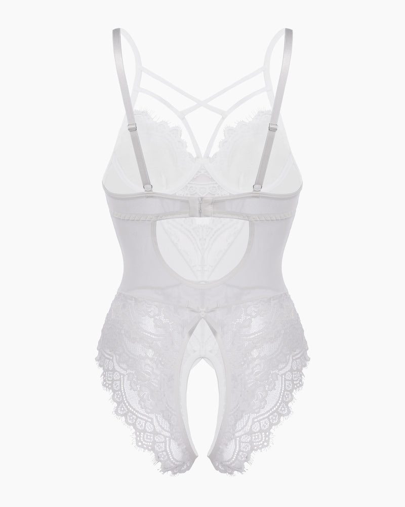 White floral lace harness bodysuit with open crotch and criss-cross straps