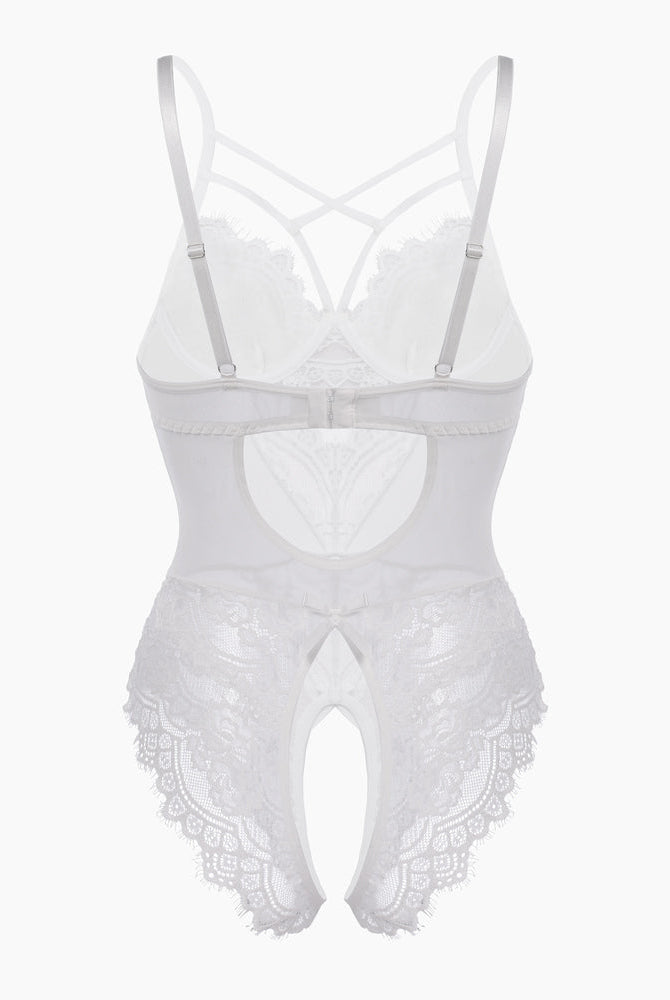 White lace open crotch bodysuit, adjustable straps, sexy lingerie, perfect for a romantic night