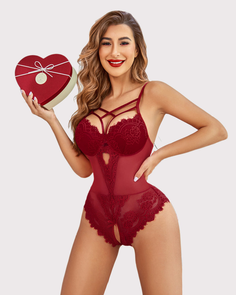 Avidlove burgundy floral lace harness bodysuit. Sexy lingerie with open crotch, a perfect gift.