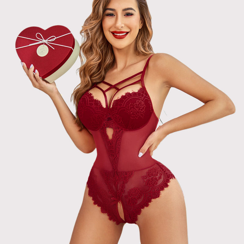 Red lace criss-cross bodysuit with open crotch, adjustable straps, perfect gift idea